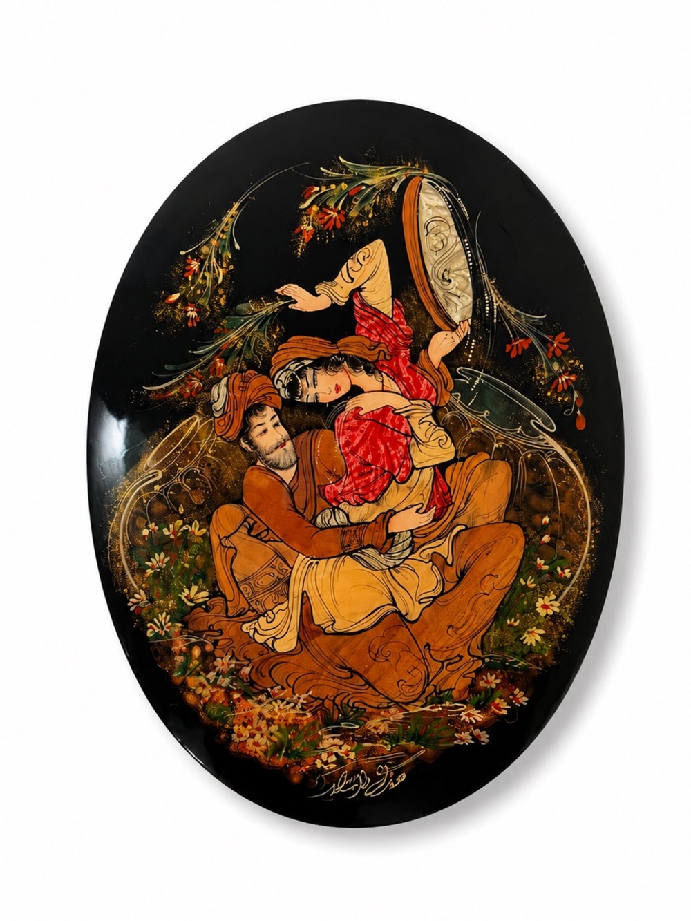 Vintage Persian Style Hand Painted Wood Plaque Signed Artist Figural Scene